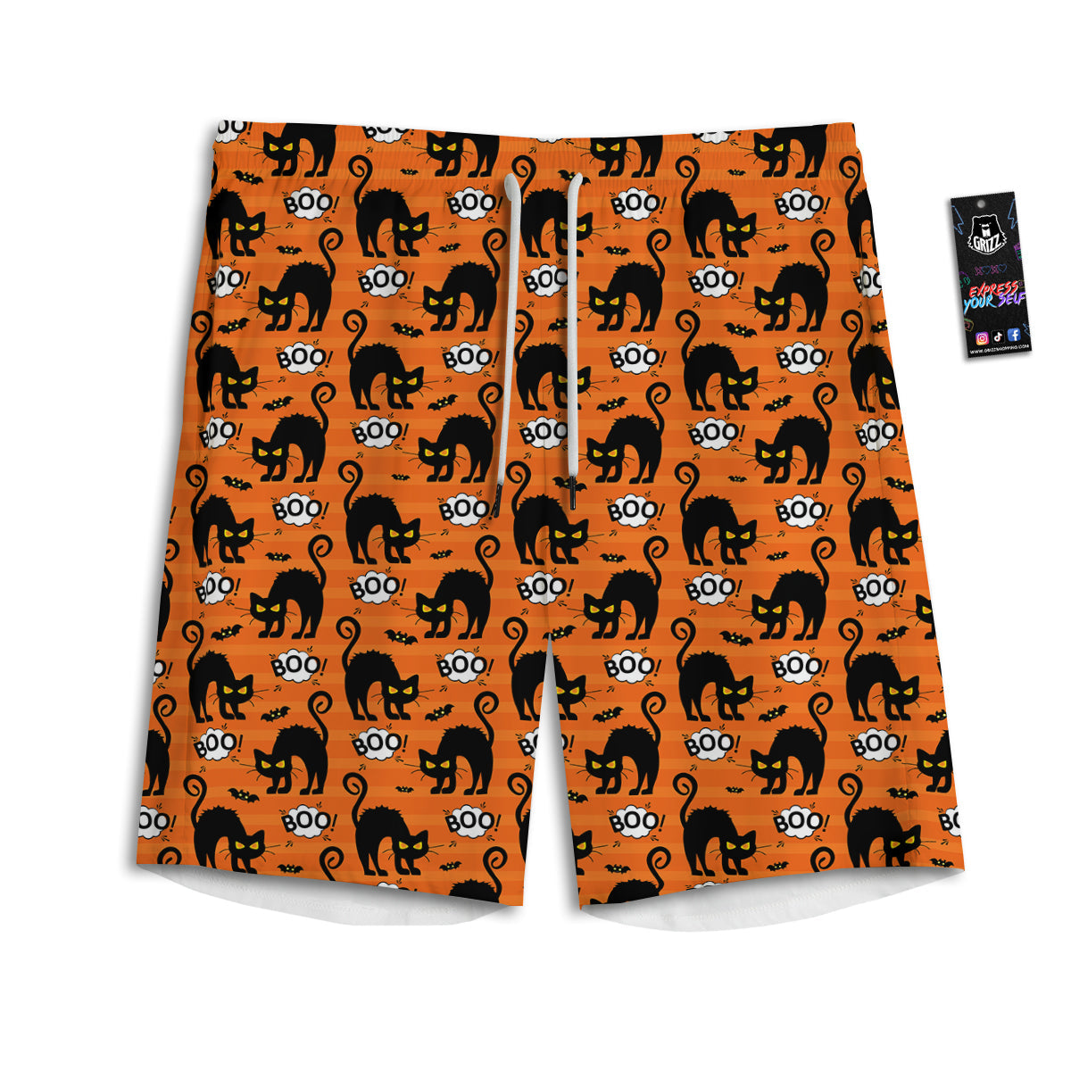 Striped Orange Black Cat Angry Print Pattern Men's Athletic Shorts
