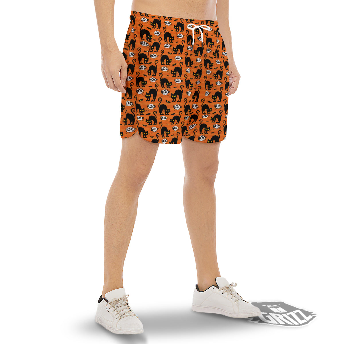 Striped Orange Black Cat Angry Print Pattern Men's Gym Shorts-grizzshop