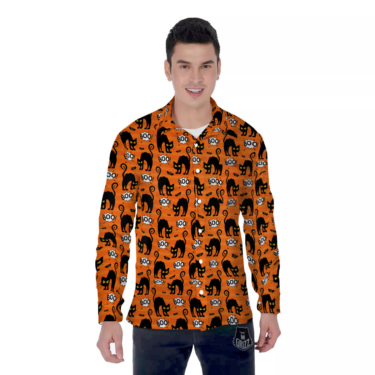 Striped Orange Black Cat Angry Print Pattern Men's Long Sleeve Shirts-grizzshop
