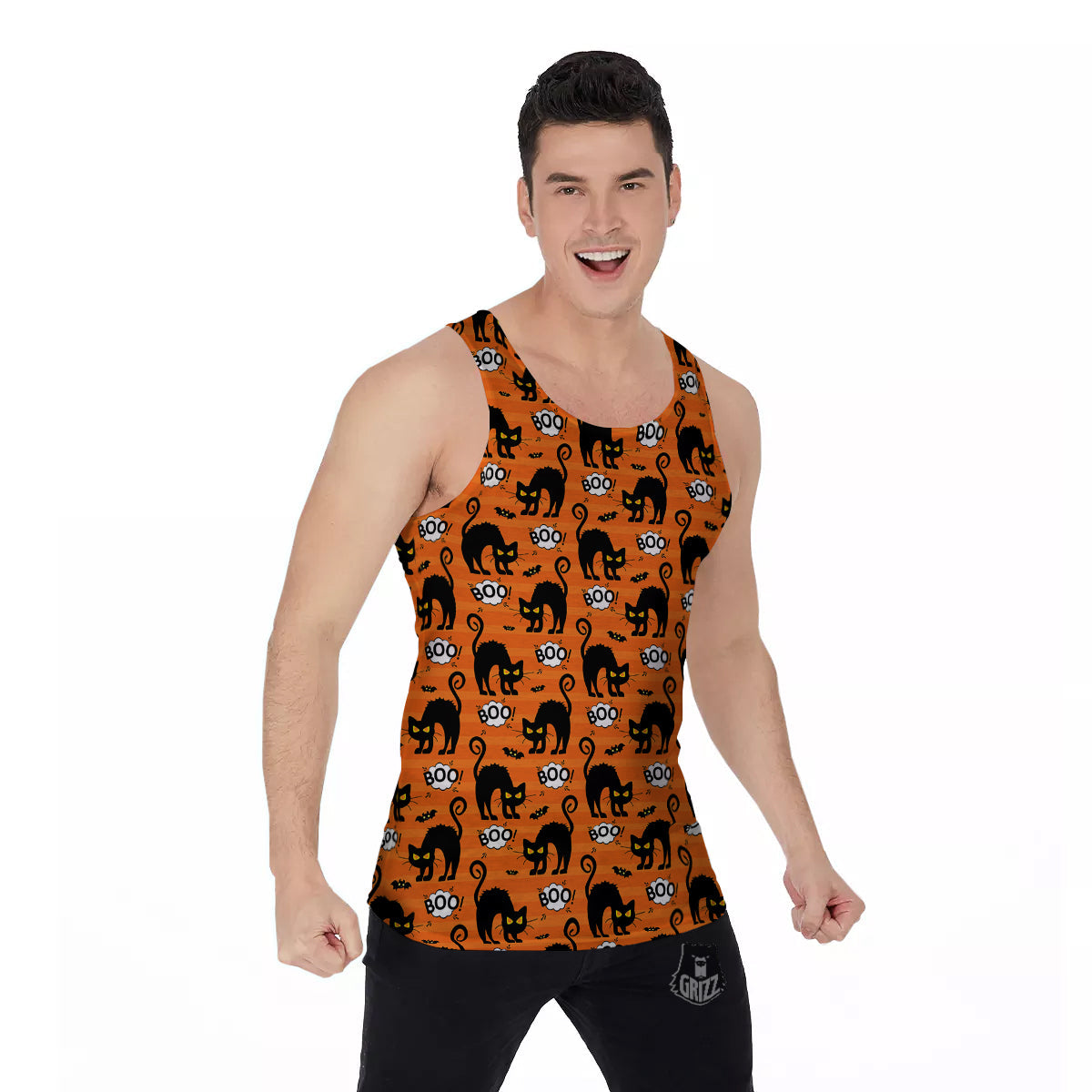 Striped Orange Black Cat Angry Print Pattern Men's Tank Top-grizzshop