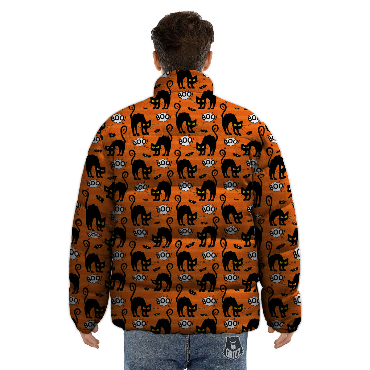 Striped Orange Black Cat Angry Print Pattern Puffer Jacket-grizzshop