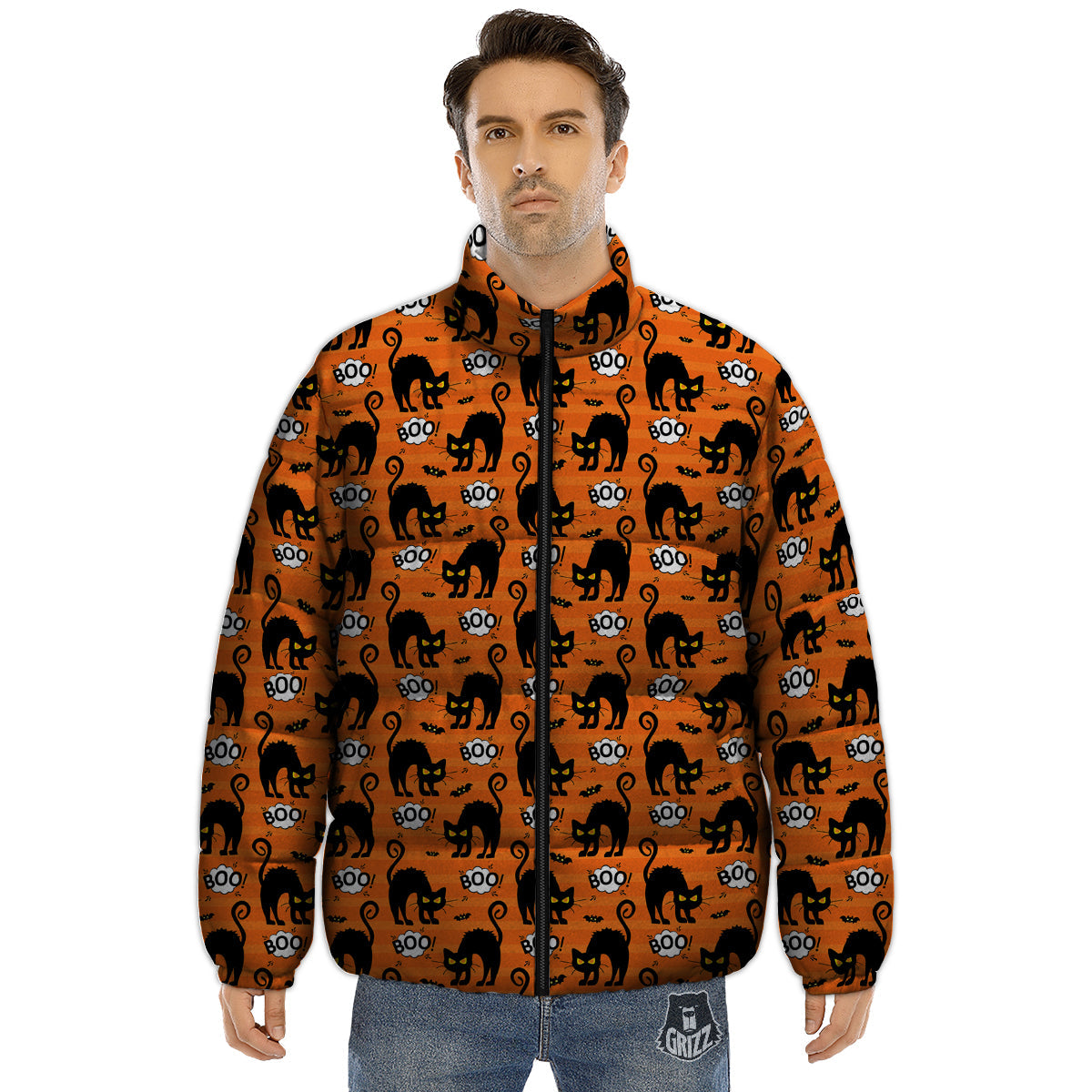Striped Orange Black Cat Angry Print Pattern Puffer Jacket-grizzshop