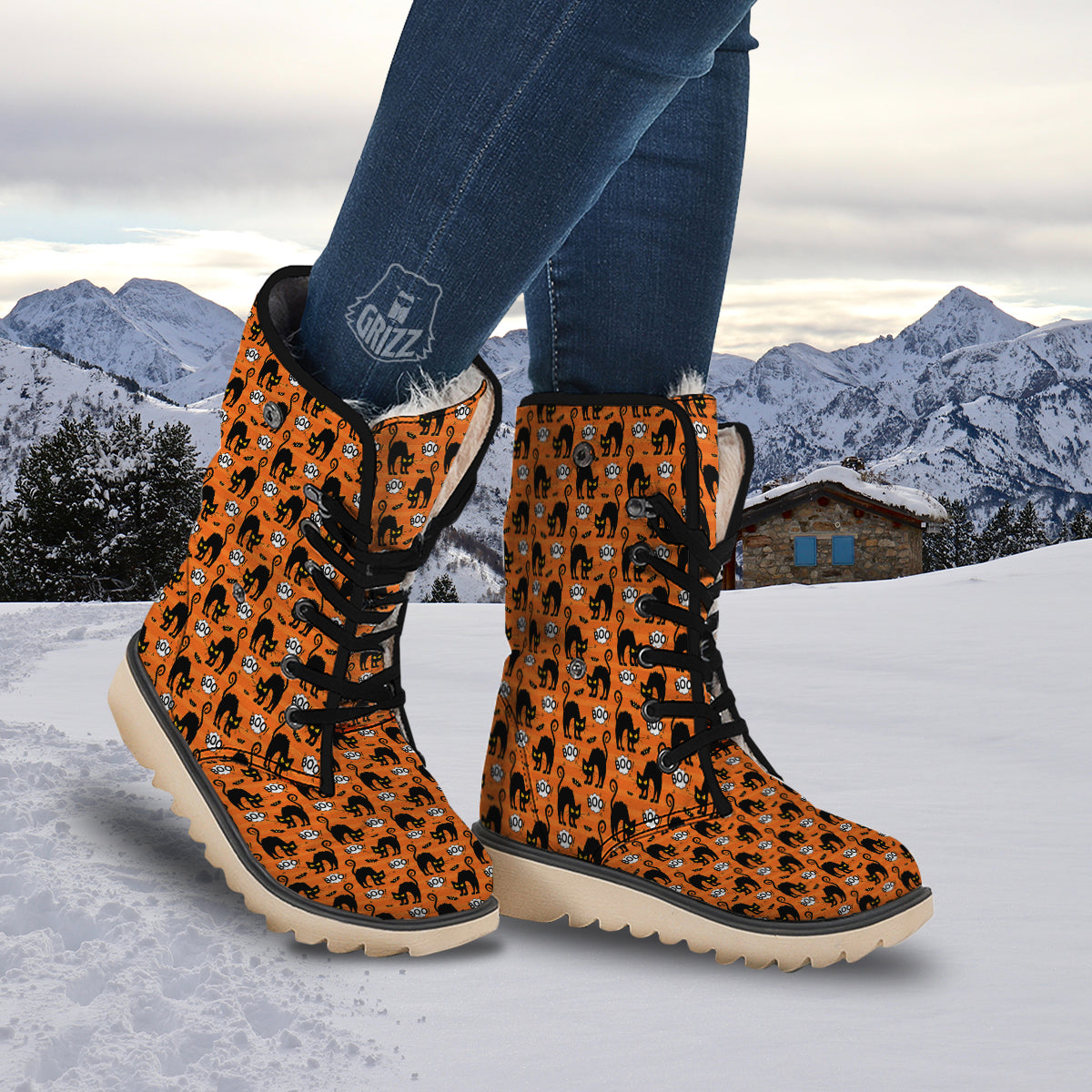 Striped Orange Black Cat Angry Print Pattern Snow Boots-grizzshop