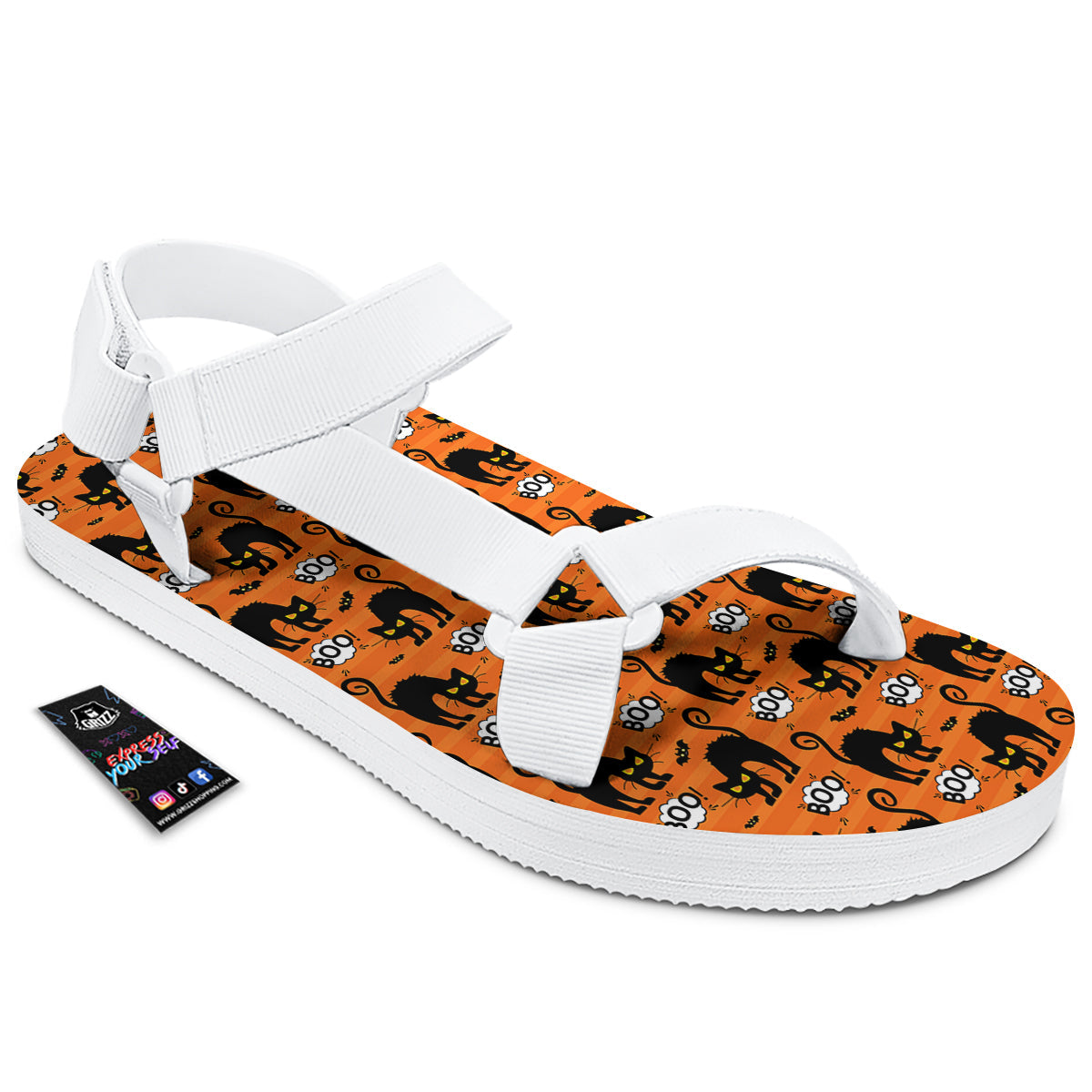 Striped Orange Black Cat Angry Print Pattern White Open Toe Sandals-grizzshop