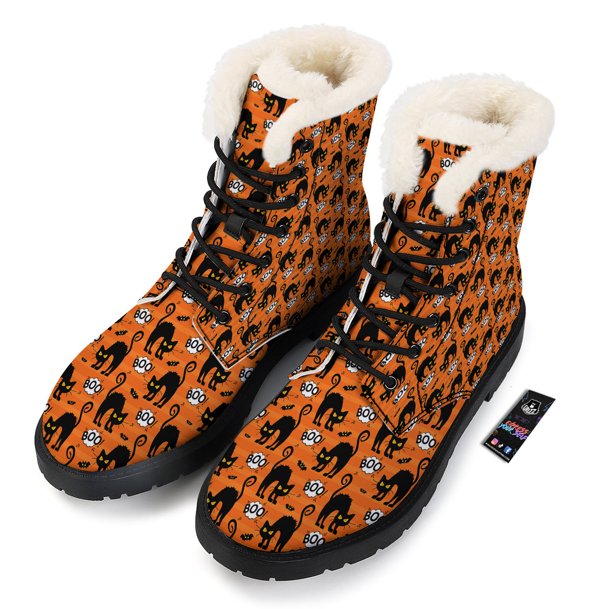 Striped Orange Black Cat Angry Print Pattern Winter Boots-grizzshop