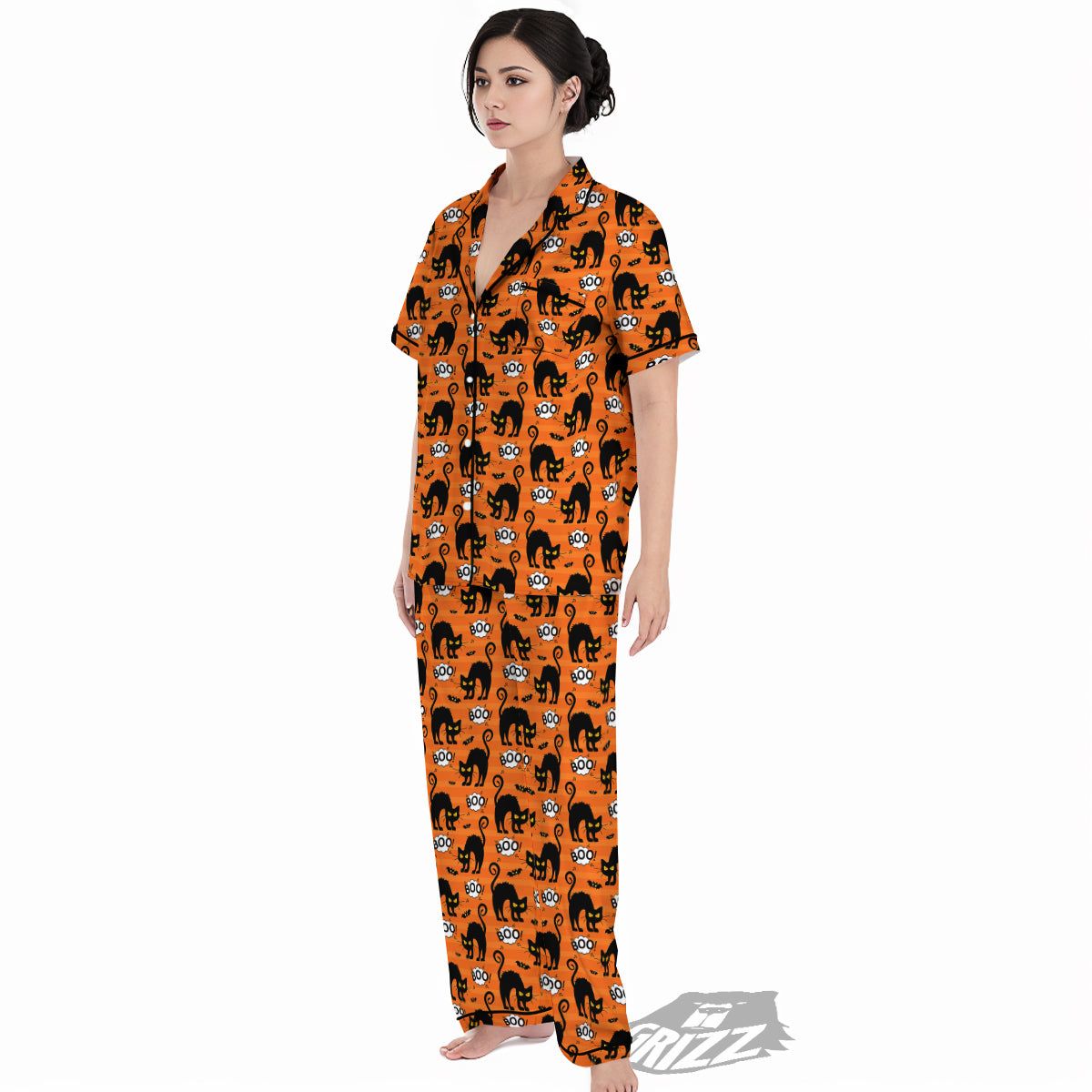 Striped Orange Black Cat Angry Print Pattern Women's Pajamas Set-grizzshop