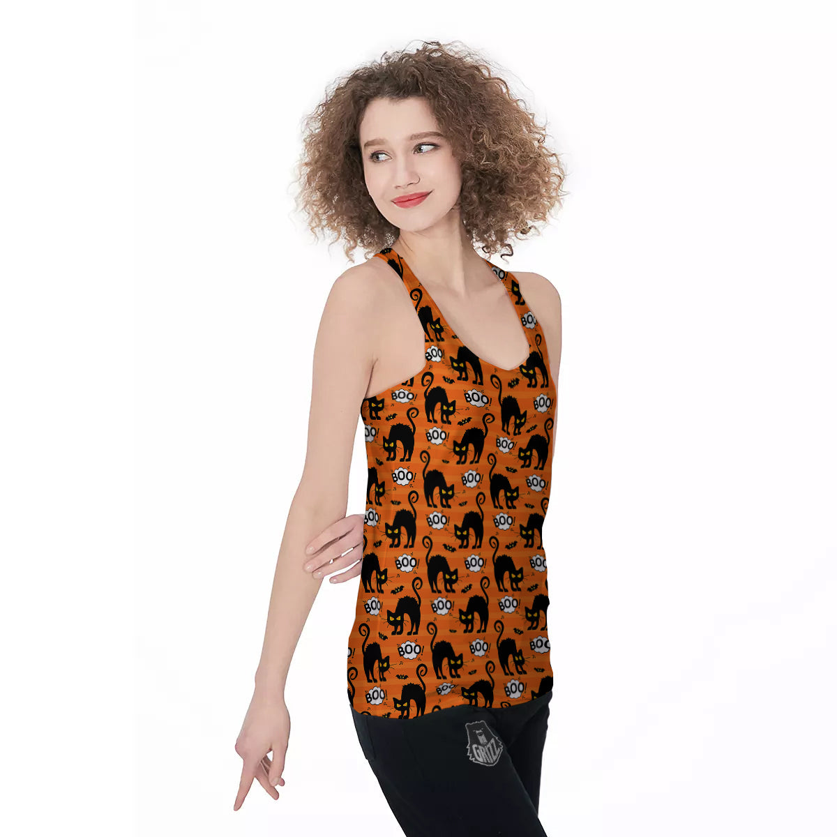 Striped Orange Black Cat Angry Print Pattern Women's Racerback Tank Top-grizzshop