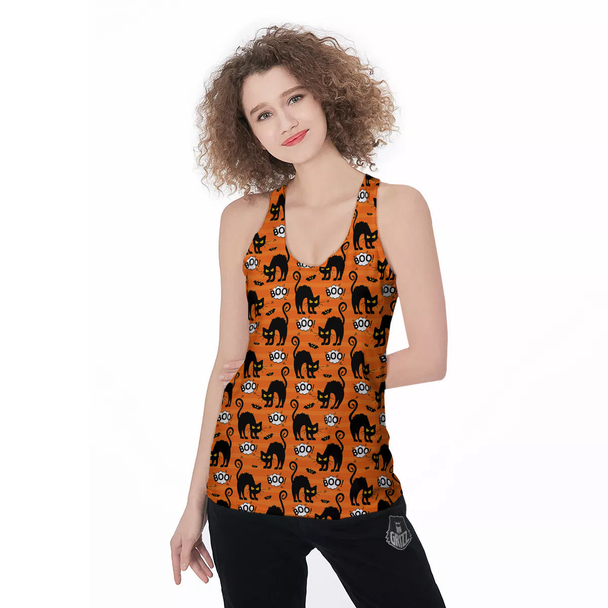 Striped Orange Black Cat Angry Print Pattern Women's Racerback Tank Top-grizzshop