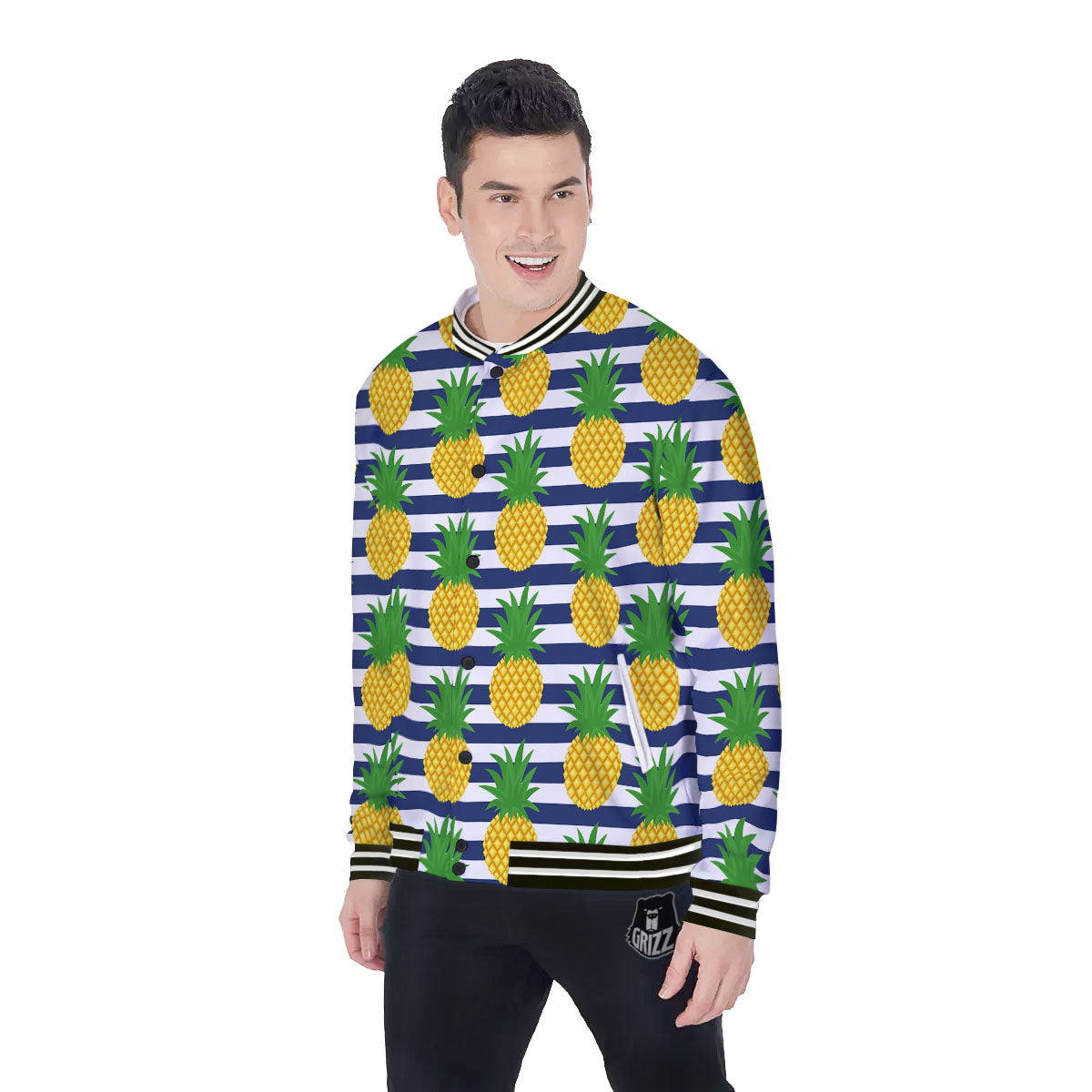 Striped Pineapple Print Pattern Baseball Jacket-grizzshop