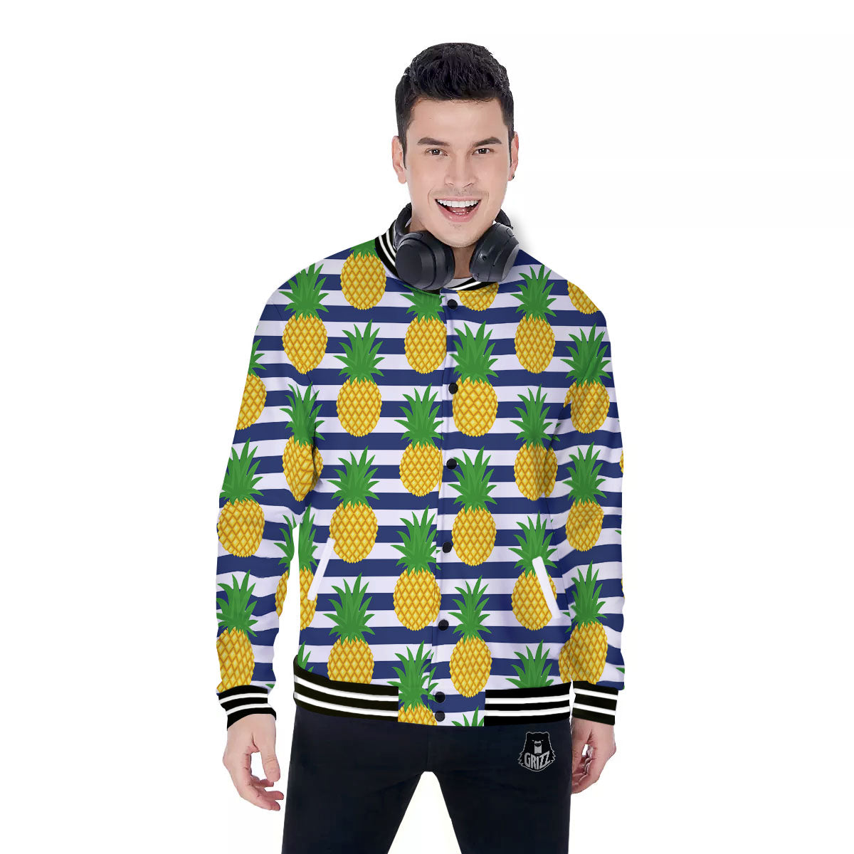 Striped Pineapple Print Pattern Baseball Jacket-grizzshop