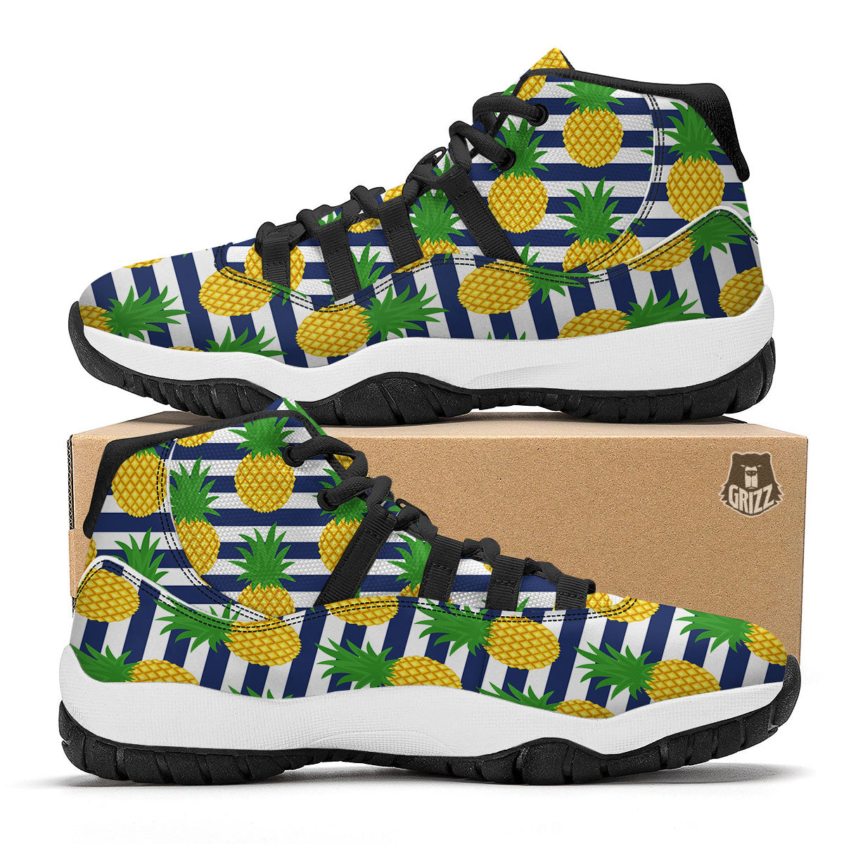 Striped Pineapple Print Pattern Black Bball Shoes-grizzshop