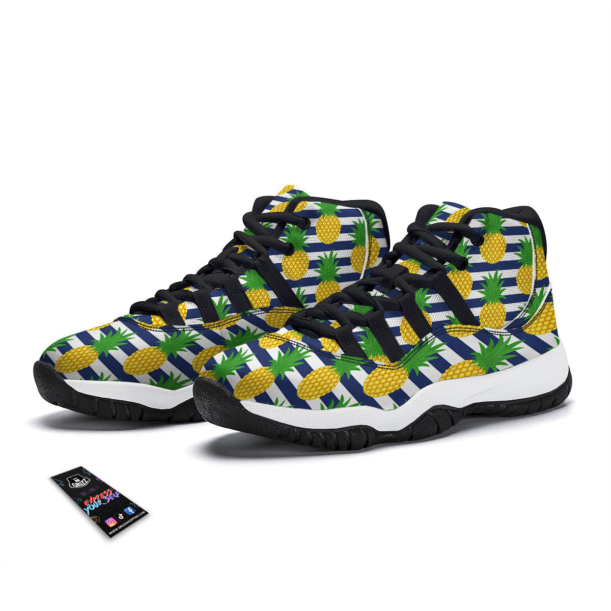 Striped Pineapple Print Pattern Black Bball Shoes-grizzshop