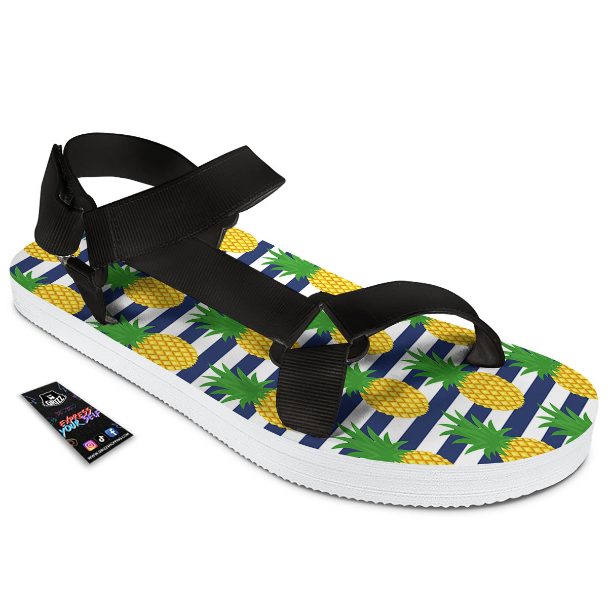Striped Pineapple Print Pattern Black Open Toe Sandals-grizzshop