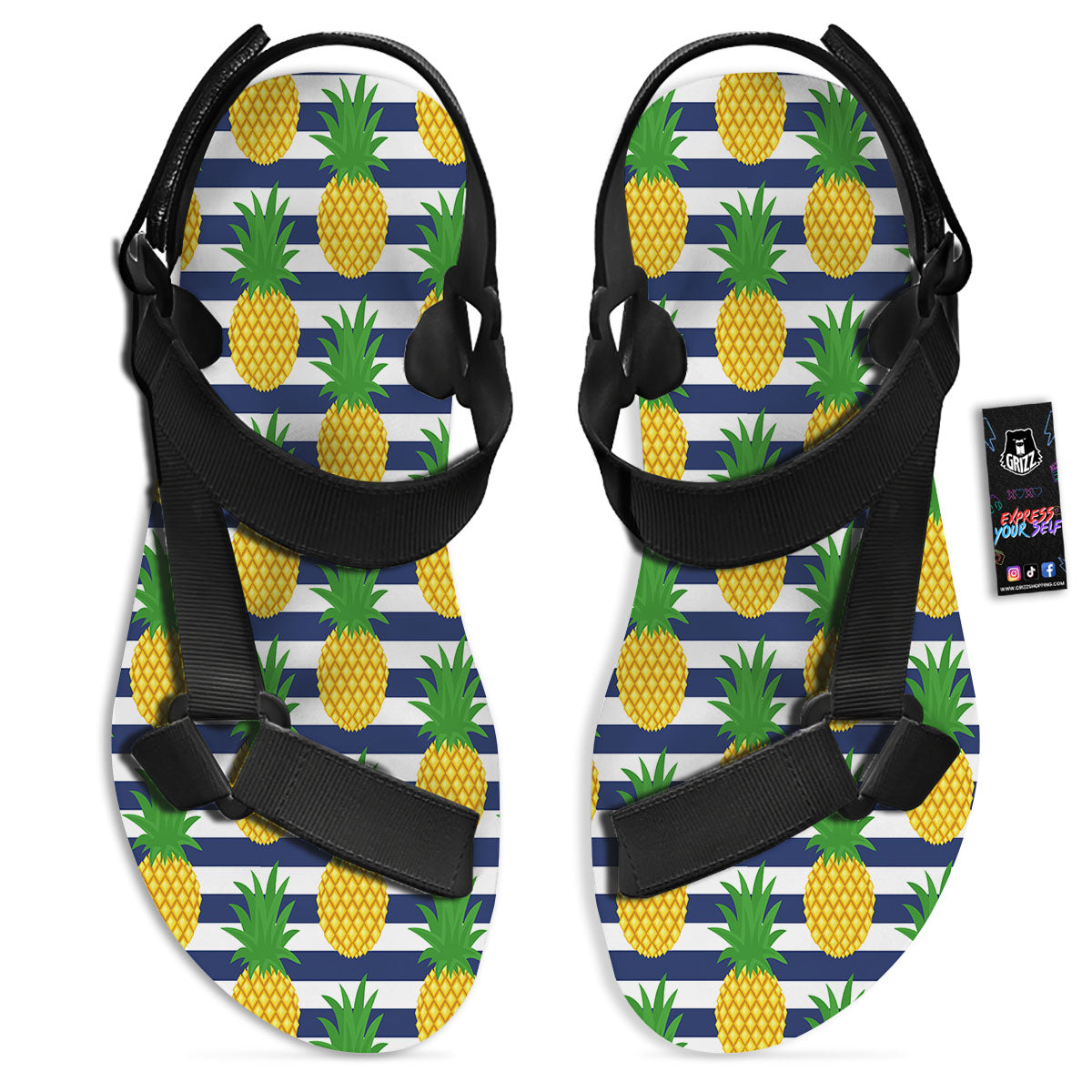 Striped Pineapple Print Pattern Black Open Toe Sandals-grizzshop