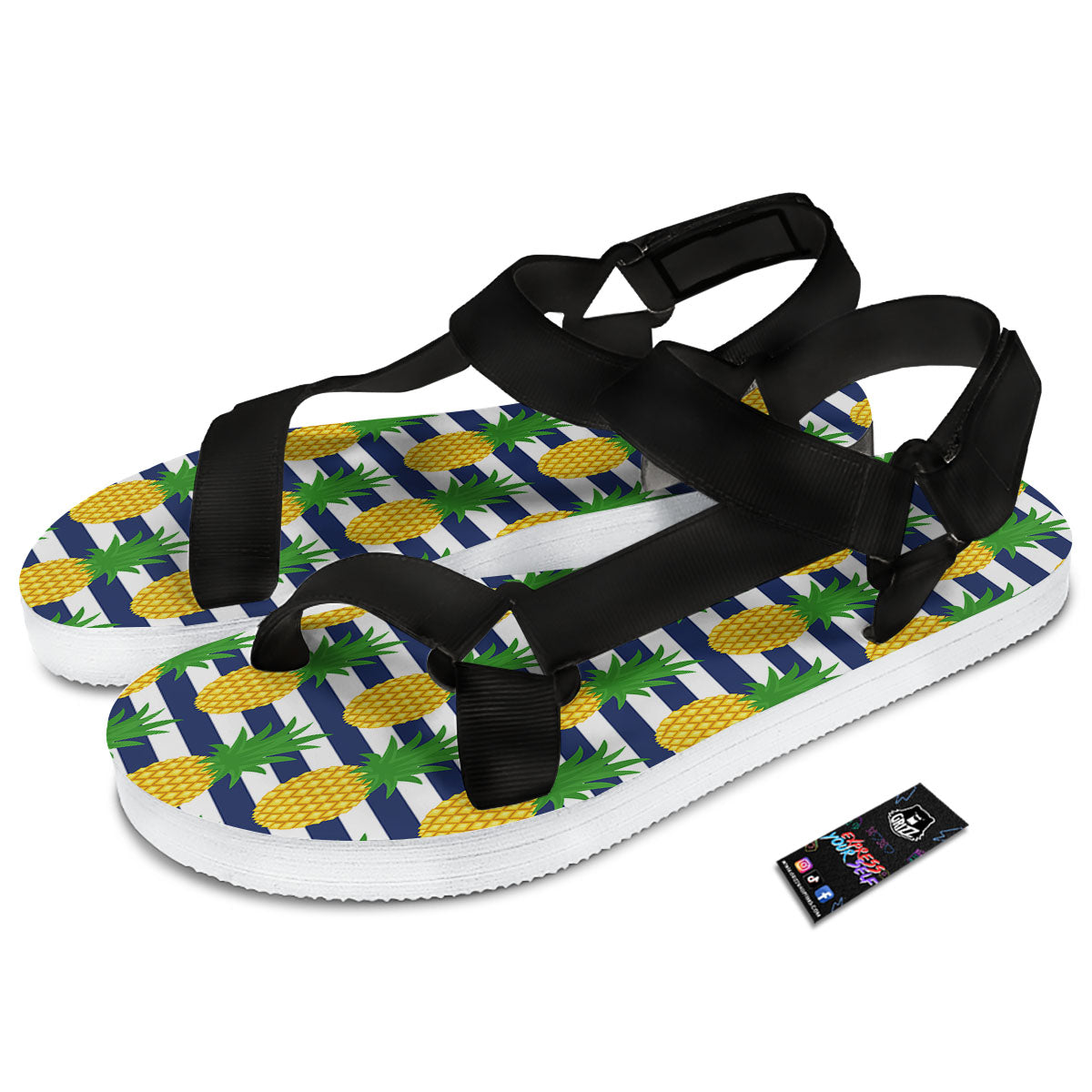 Striped Pineapple Print Pattern Black Open Toe Sandals-grizzshop