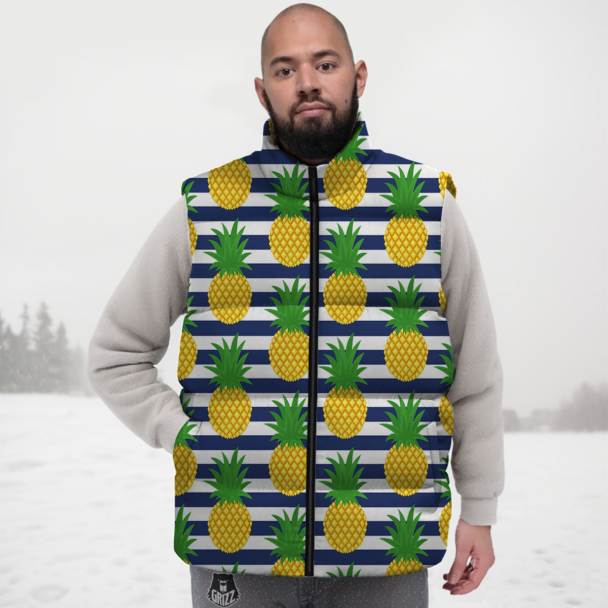 Striped Pineapple Print Pattern Down Vest