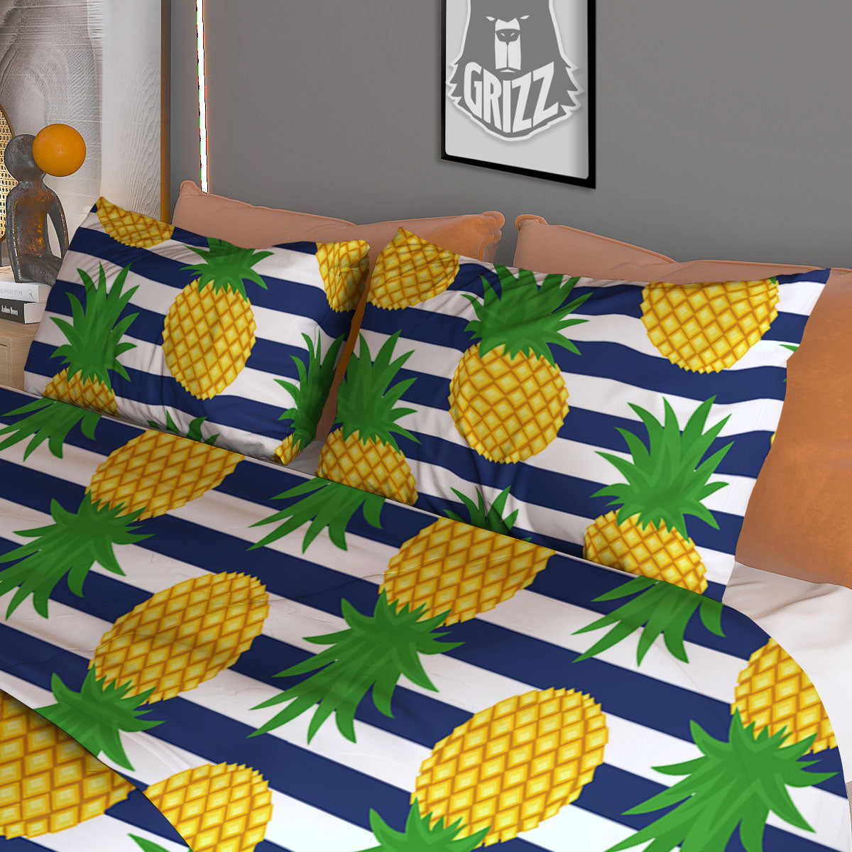 Striped Pineapple Print Pattern Duvet Cover Bedding Set-grizzshop