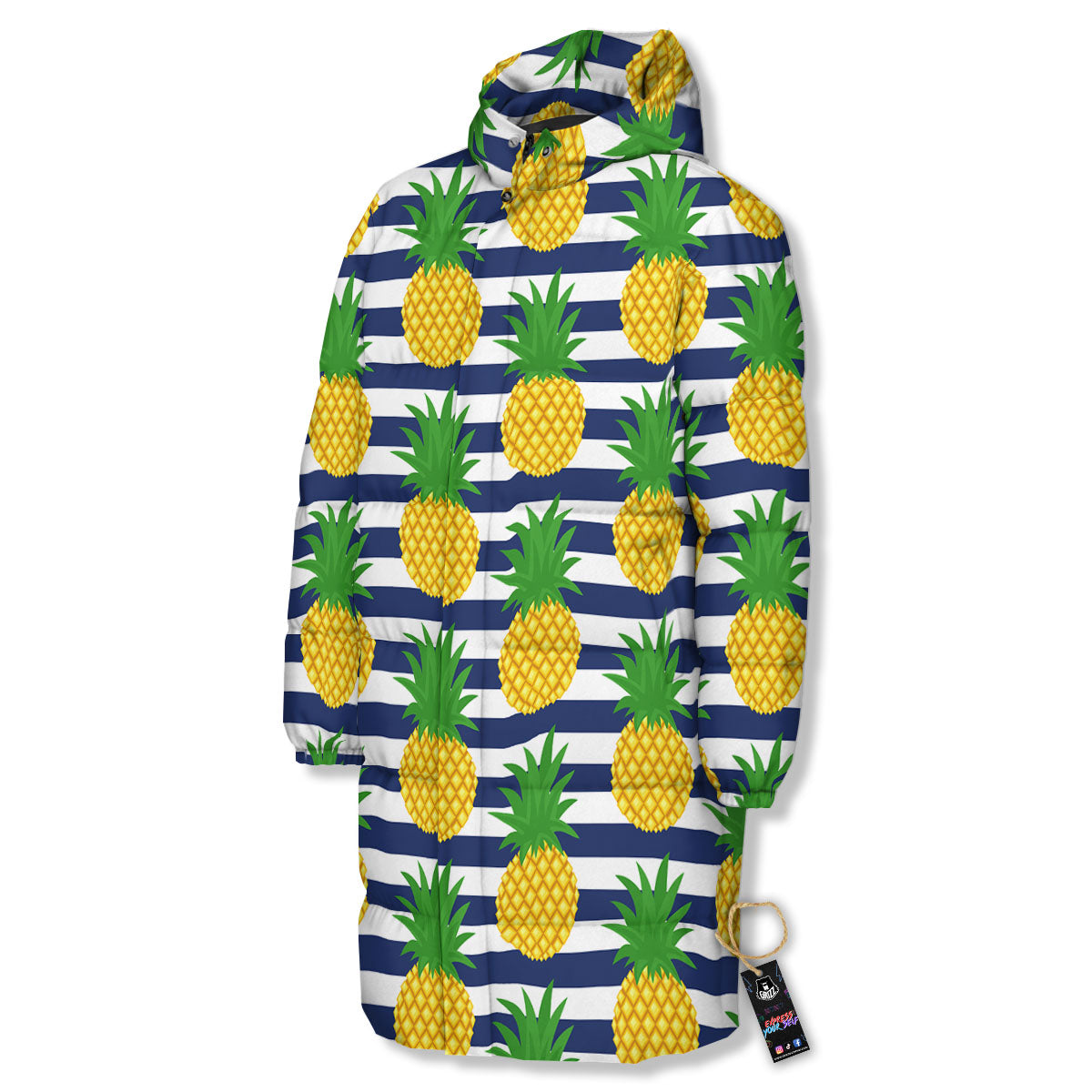 Striped Pineapple Print Pattern Long Down Jacket-grizzshop