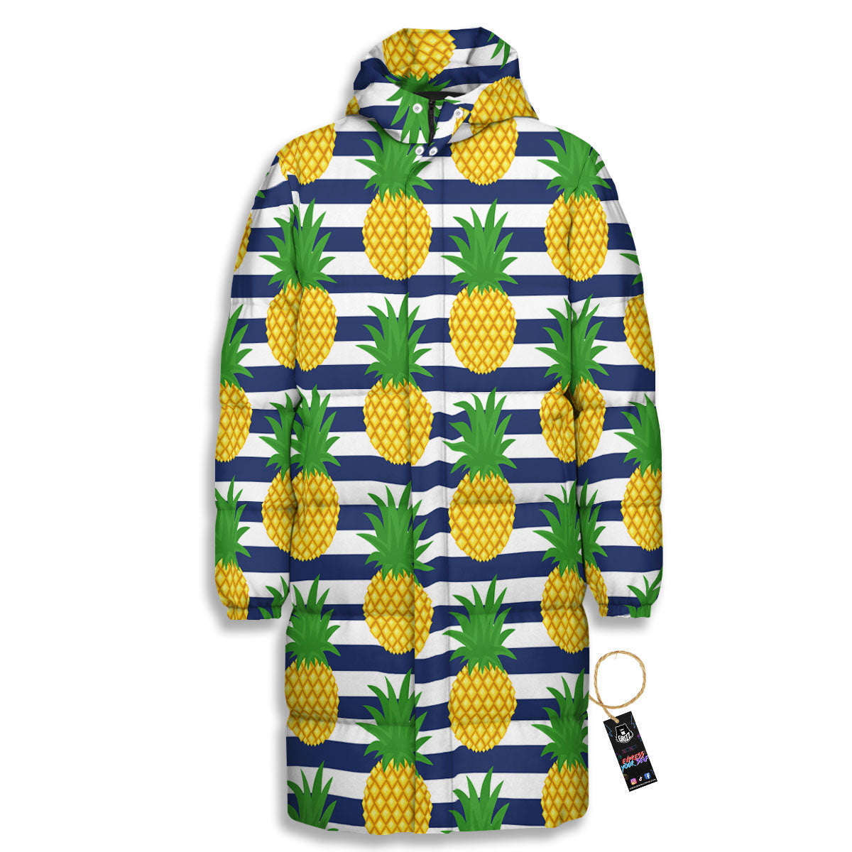 Striped Pineapple Print Pattern Long Down Jacket-grizzshop