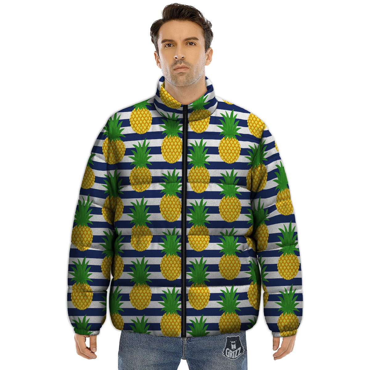 Striped Pineapple Print Pattern Puffer Jacket-grizzshop
