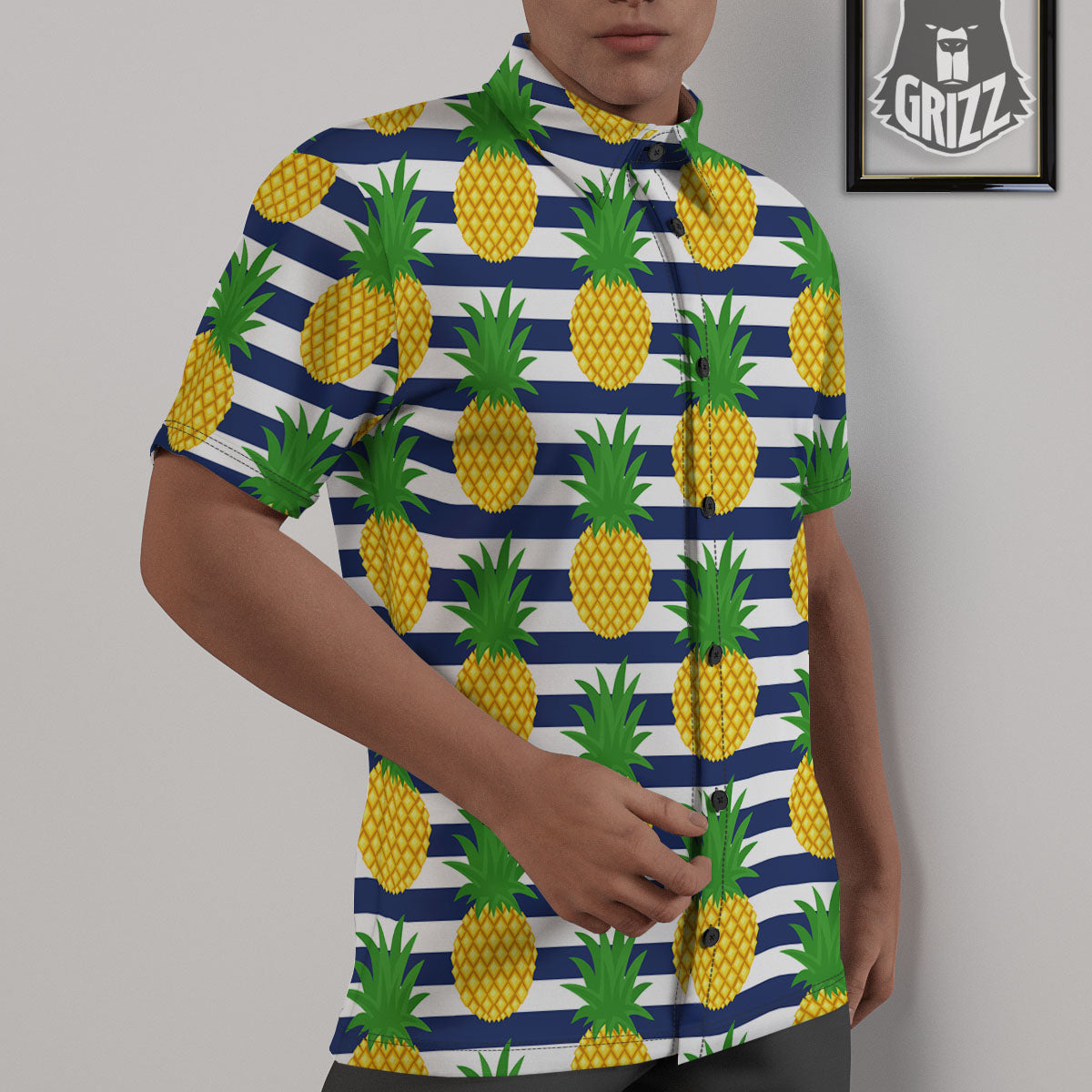 Striped Pineapple Print Pattern Untucked Shirts-grizzshop