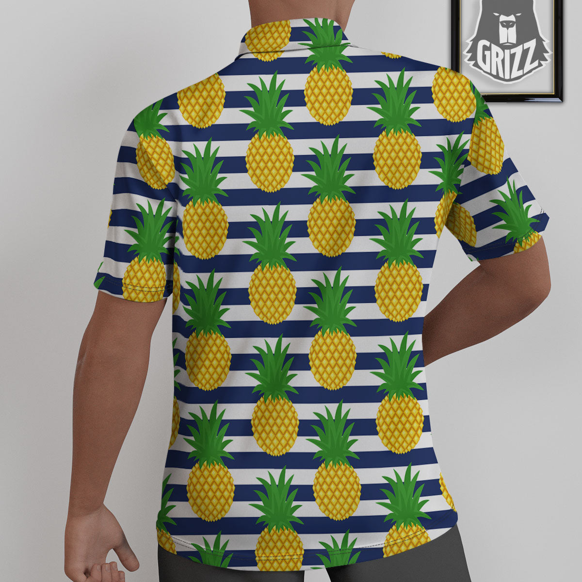 Striped Pineapple Print Pattern Untucked Shirts-grizzshop