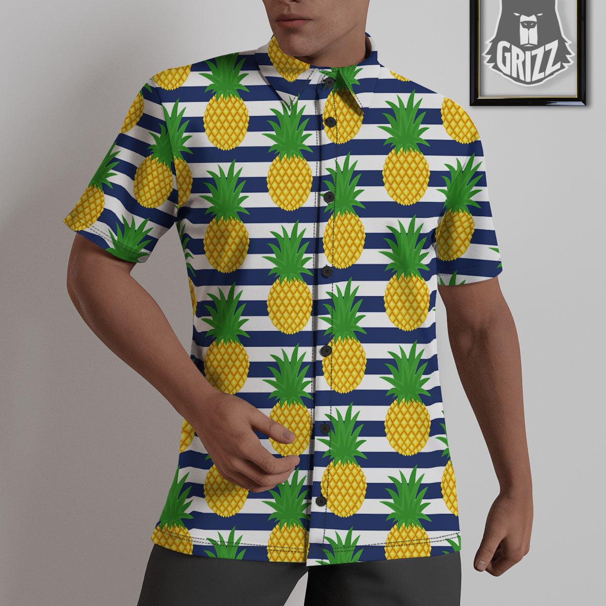 Striped Pineapple Print Pattern Untucked Shirts-grizzshop