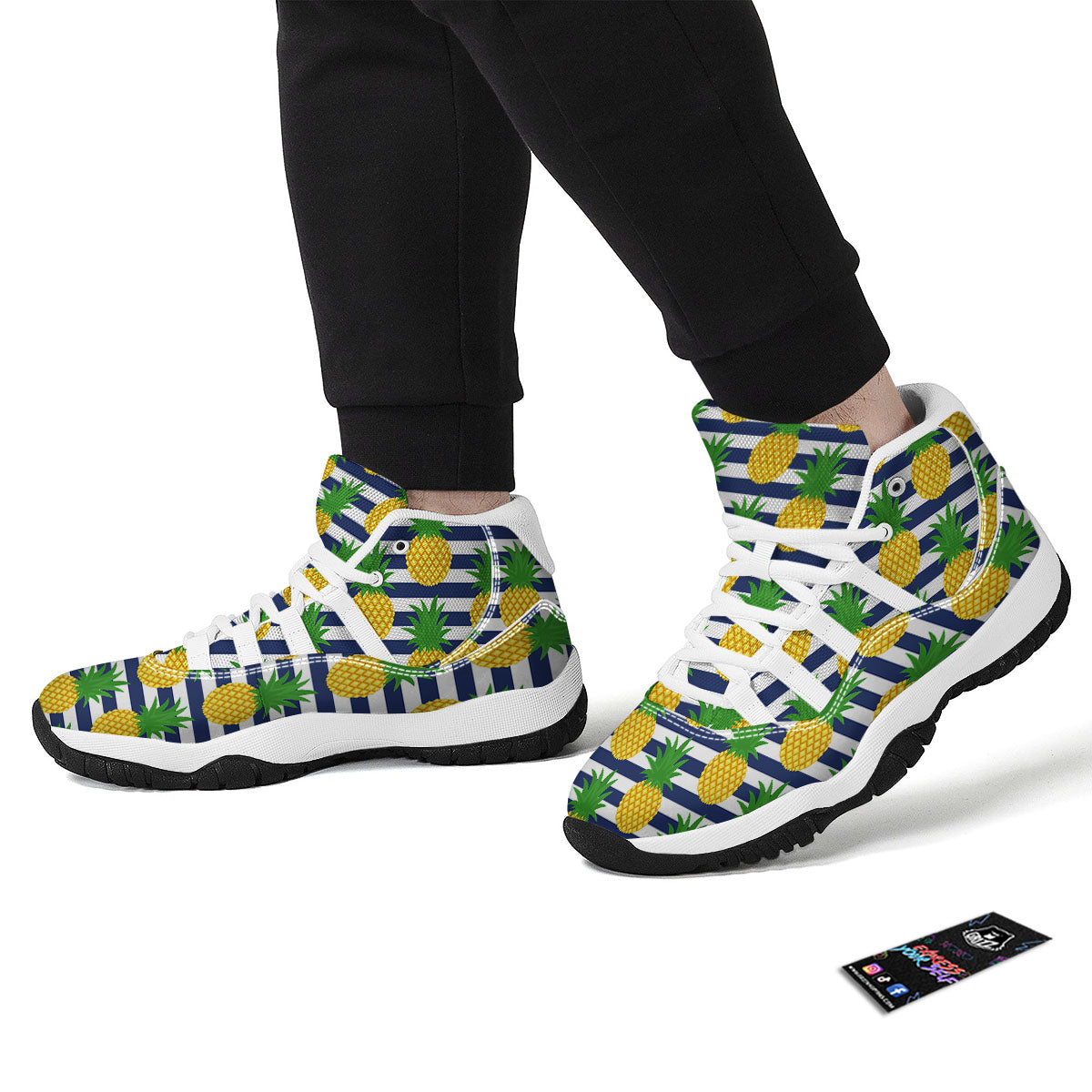 Striped Pineapple Print Pattern White Bball Shoes-grizzshop