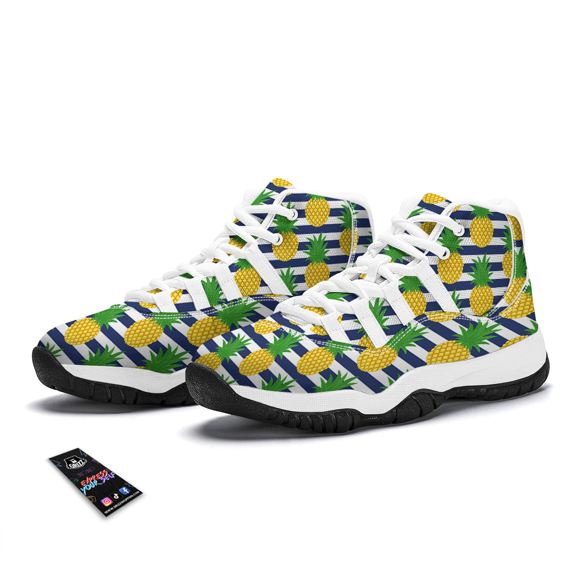 Striped Pineapple Print Pattern White Bball Shoes-grizzshop