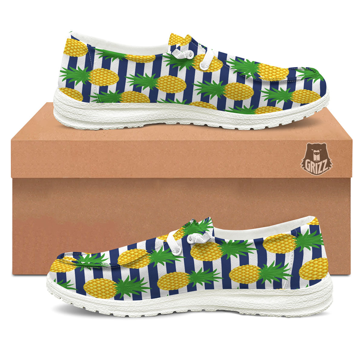 Striped Pineapple Print Pattern White Loafers-grizzshop