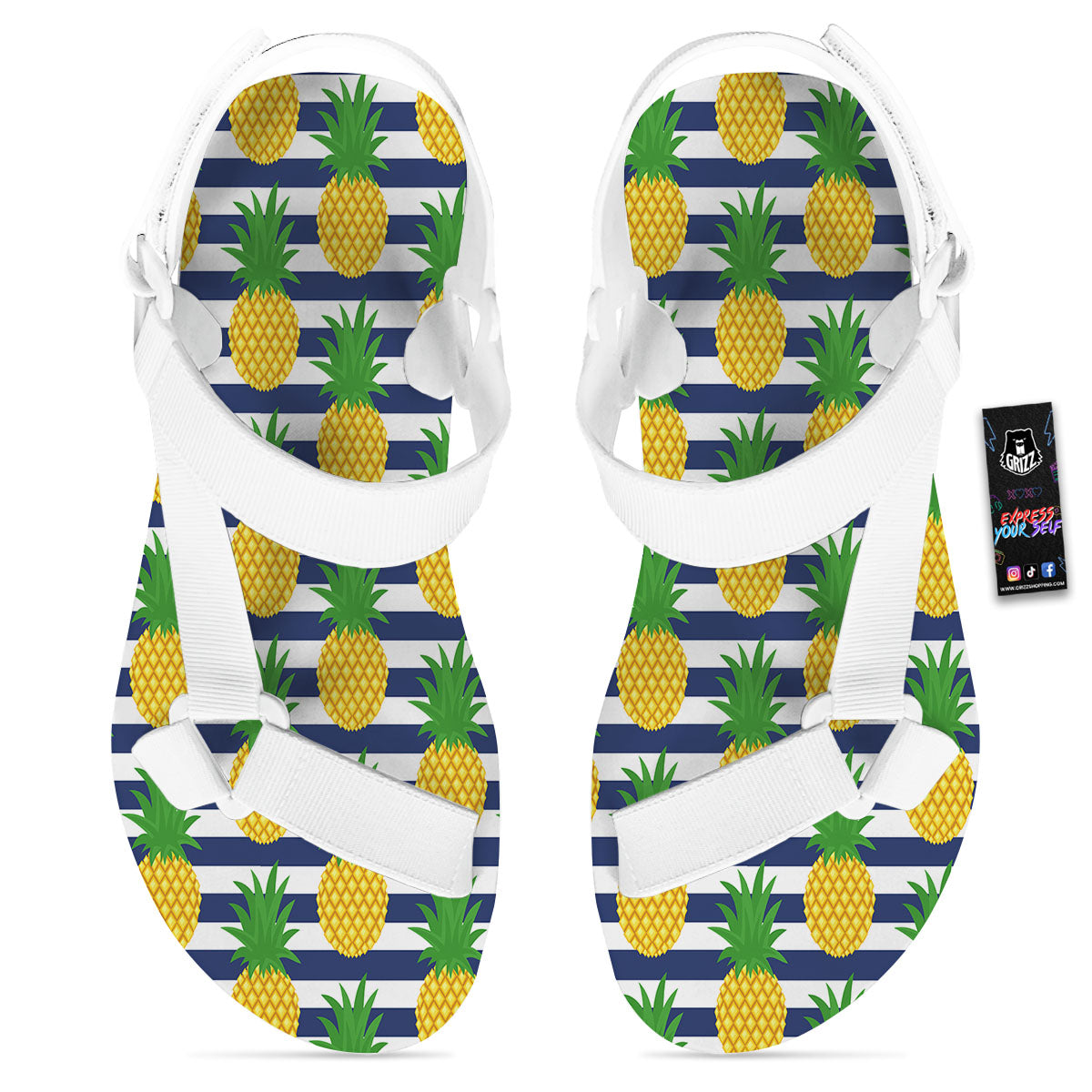 Striped Pineapple Print Pattern White Open Toe Sandals-grizzshop