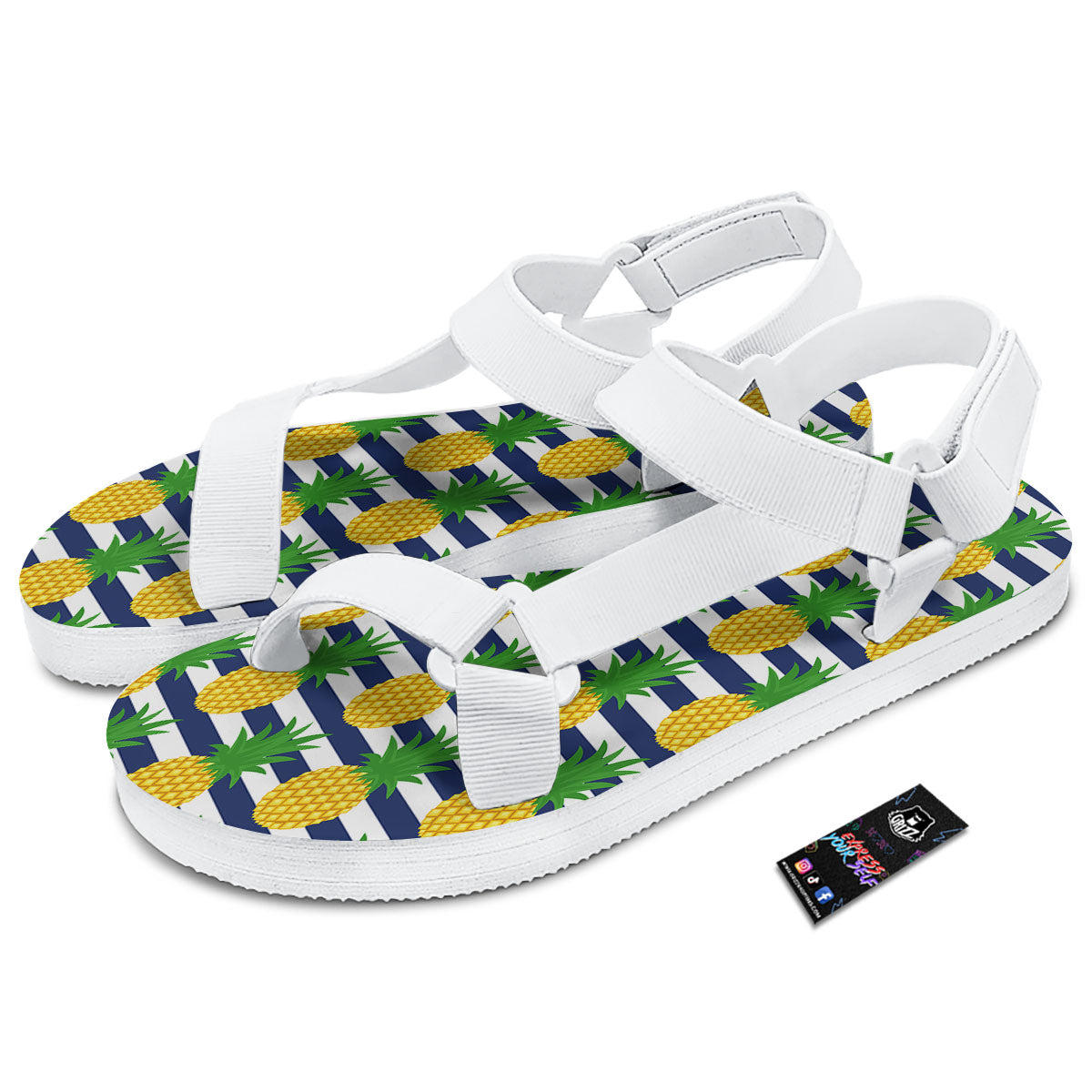 Striped Pineapple Print Pattern White Open Toe Sandals-grizzshop