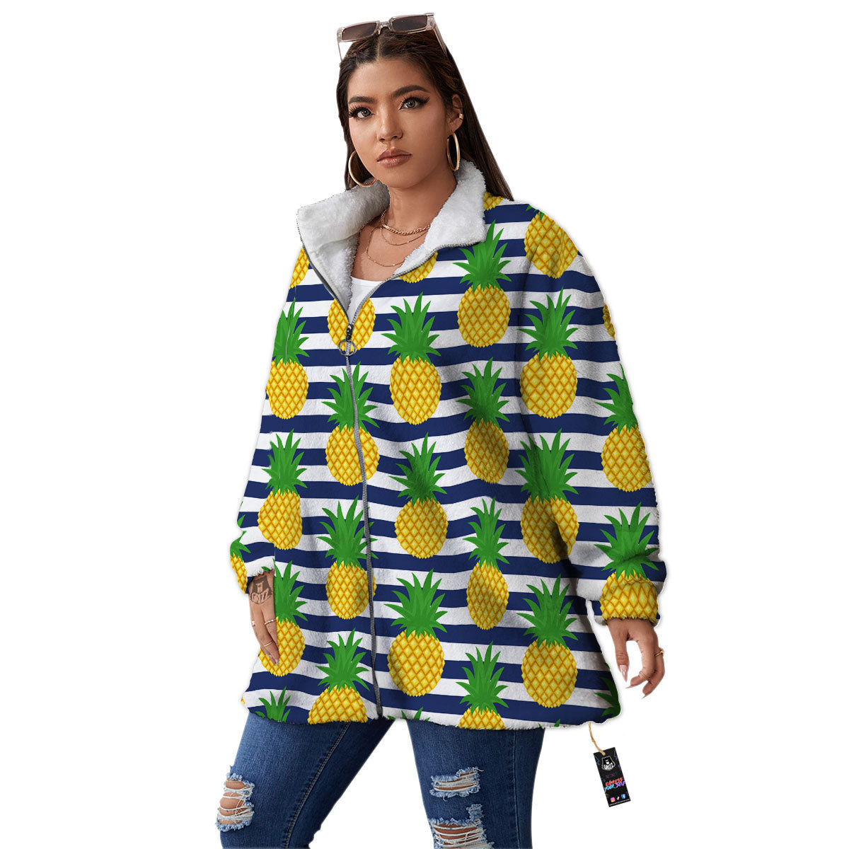 Striped Pineapple Print Pattern Women's Sherpa Jacket-grizzshop