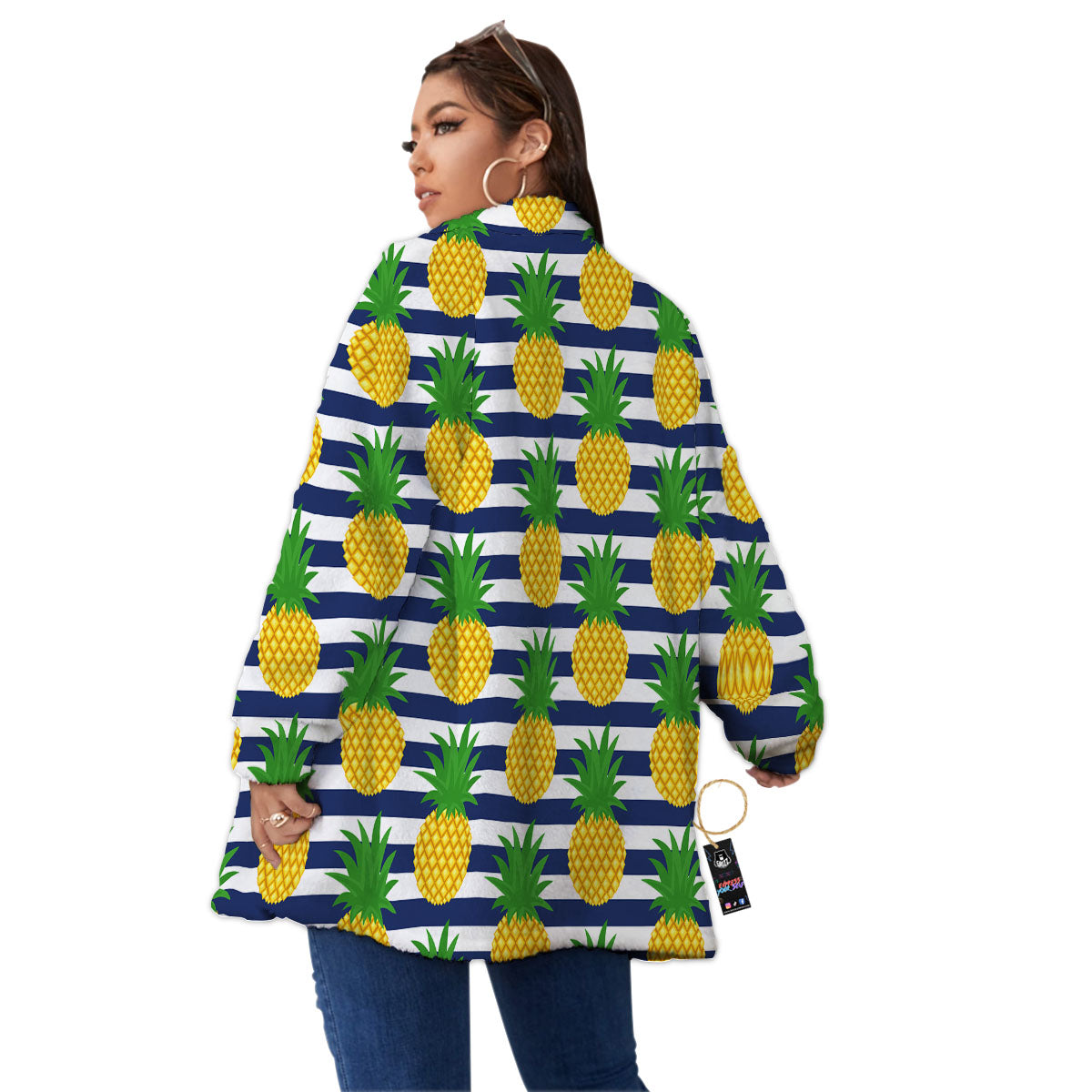 Striped Pineapple Print Pattern Women's Sherpa Jacket-grizzshop