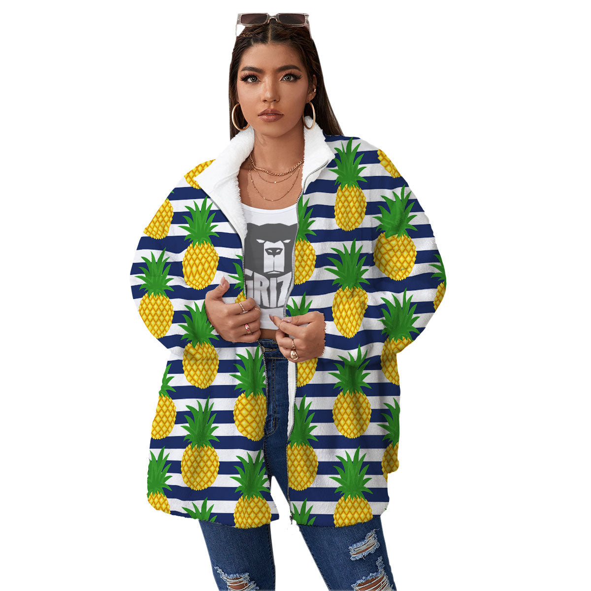 Striped Pineapple Print Pattern Women's Sherpa Jacket-grizzshop