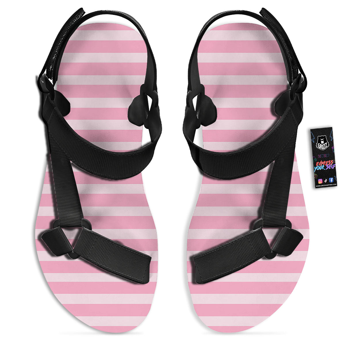Striped Pink Print Pattern Black Open Toe Sandals-grizzshop