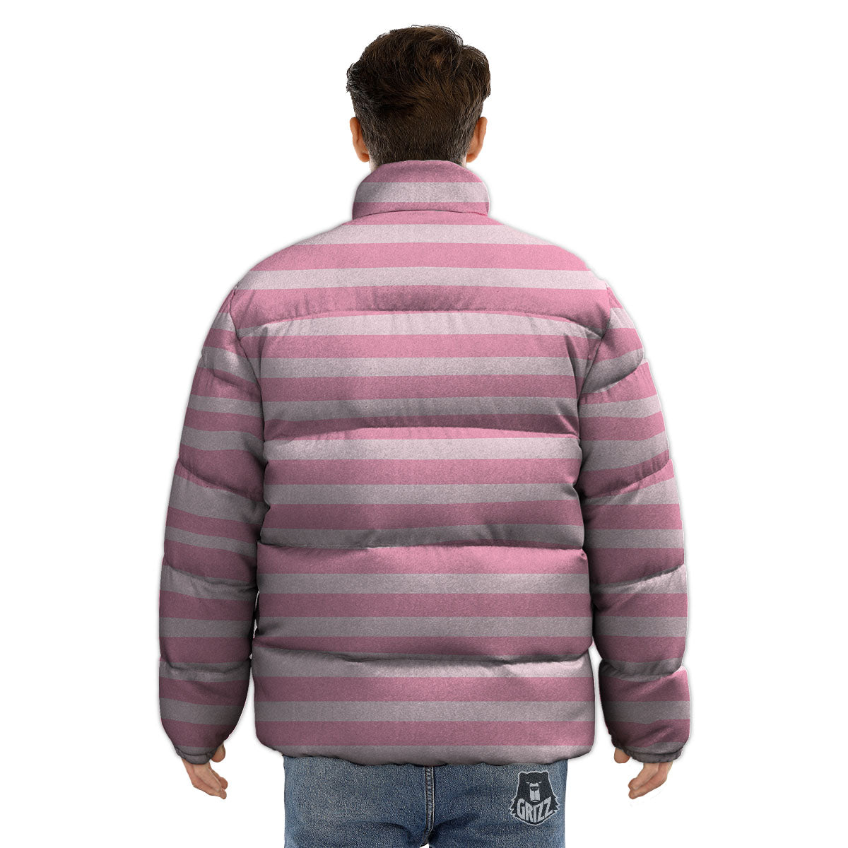 Striped Pink Print Pattern Puffer Jacket-grizzshop