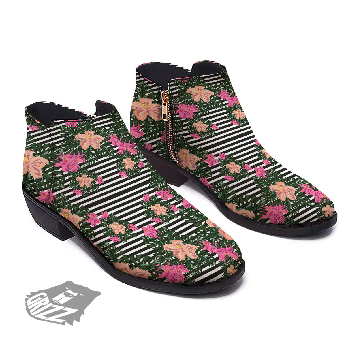 Striped Plumeria Flower Print Pattern Ankle Boots-grizzshop