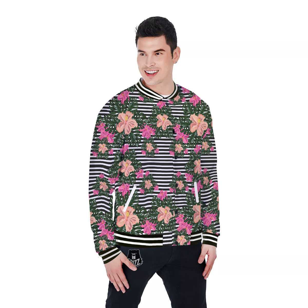 Striped Plumeria Flower Print Pattern Baseball Jacket-grizzshop