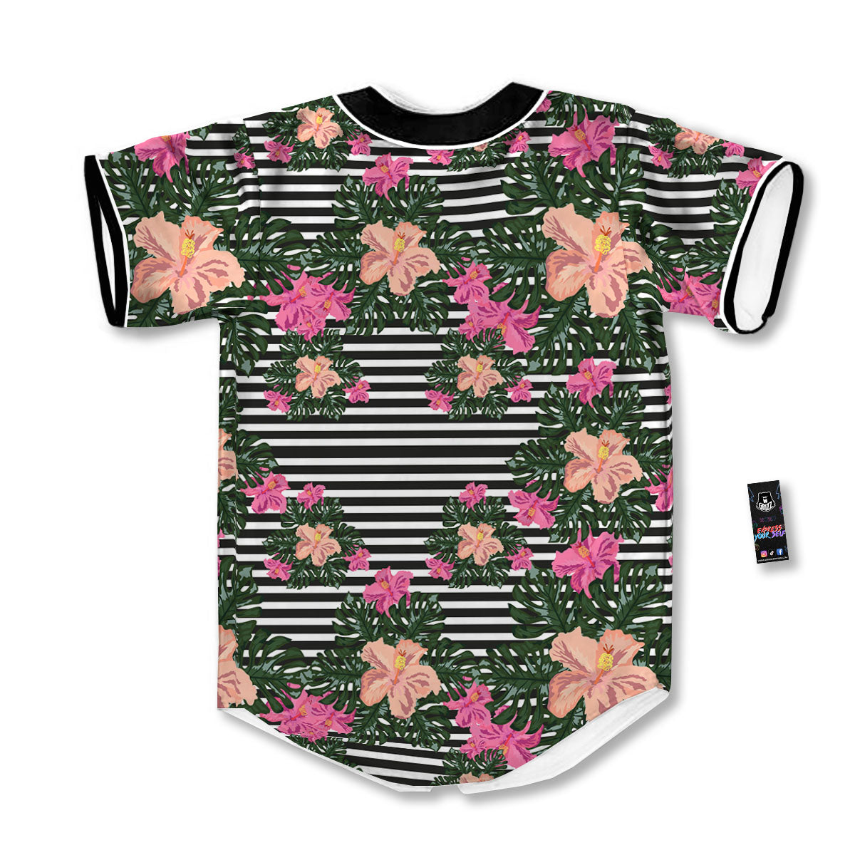 Striped Plumeria Flower Print Pattern Baseball Jersey-grizzshop