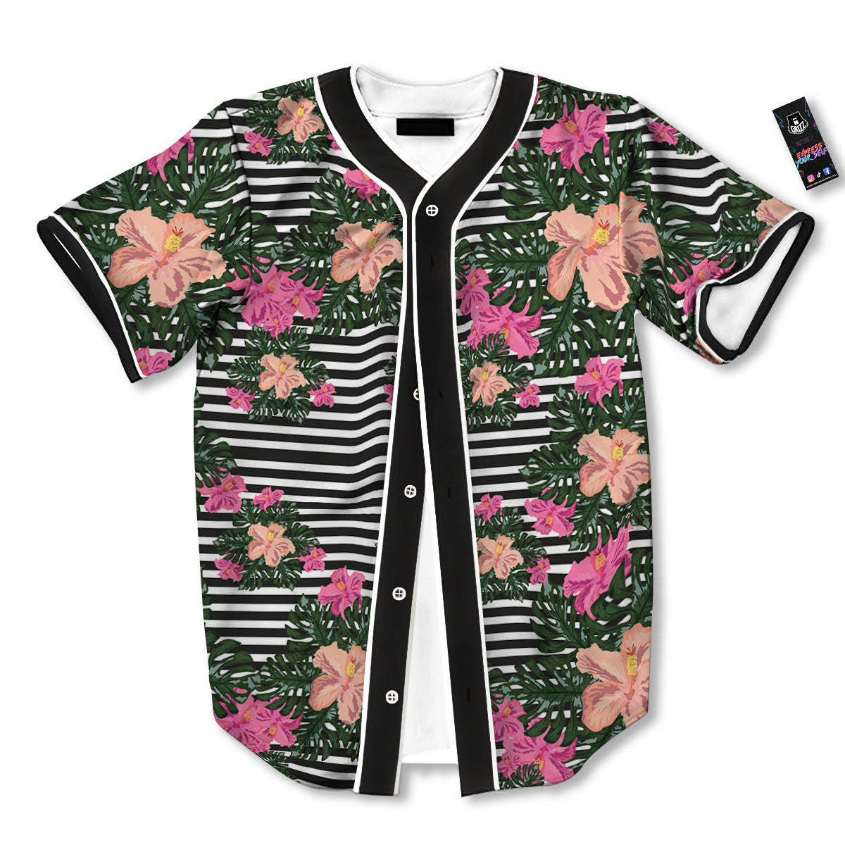 Striped Plumeria Flower Print Pattern Baseball Jersey-grizzshop