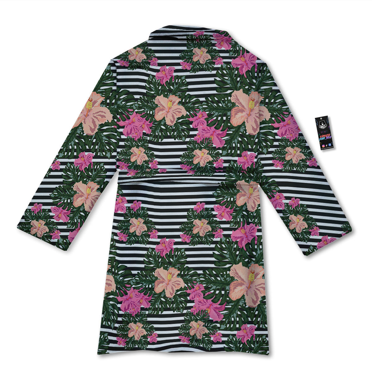 Striped Plumeria Flower Print Pattern Bathrobe-grizzshop