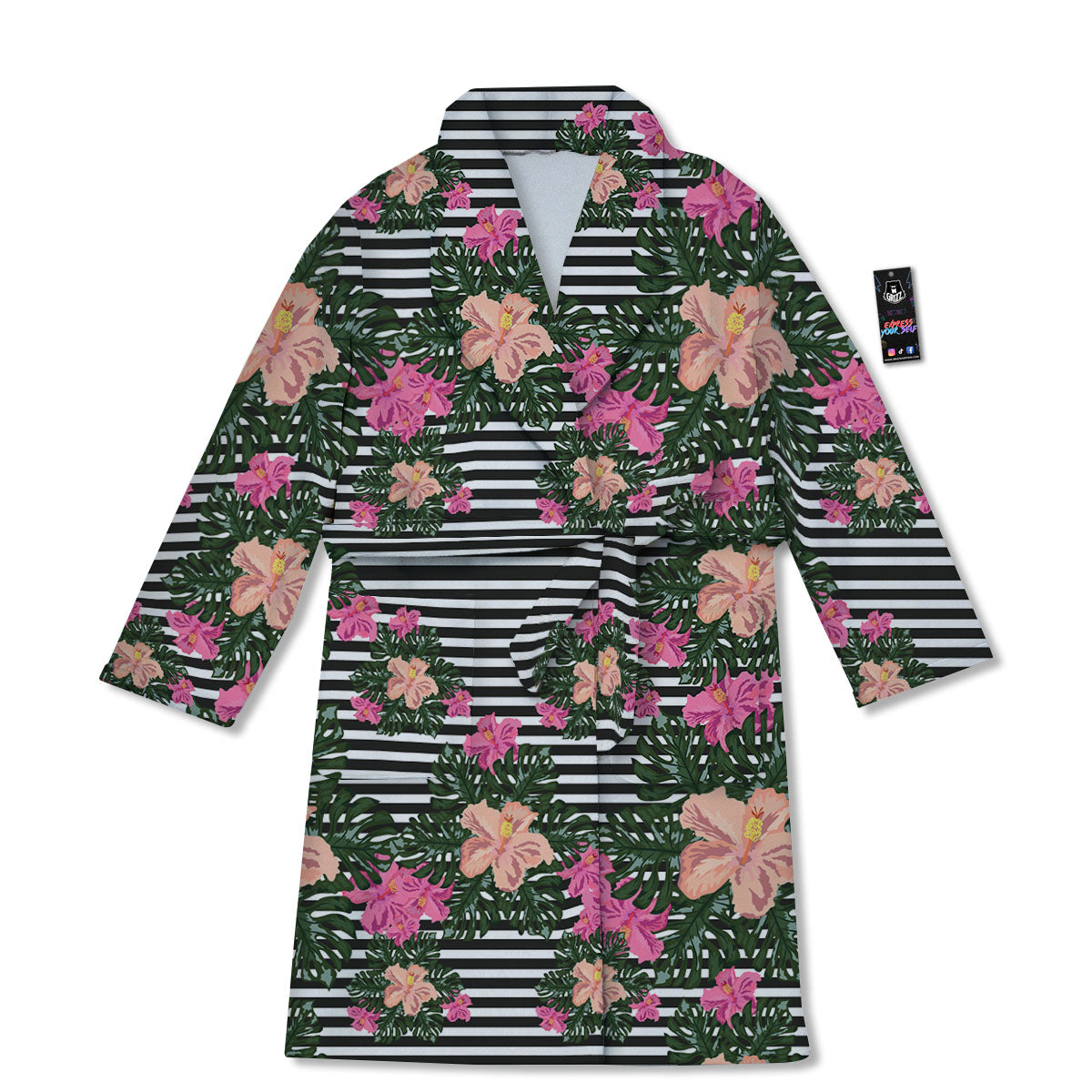 Striped Plumeria Flower Print Pattern Bathrobe-grizzshop