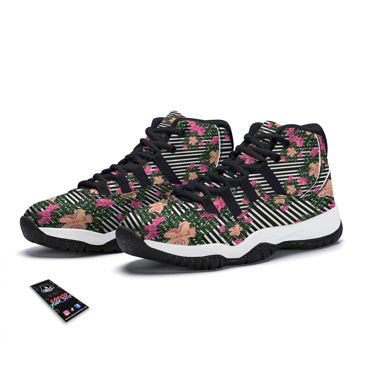 Striped Plumeria Flower Print Pattern Black Bball Shoes-grizzshop