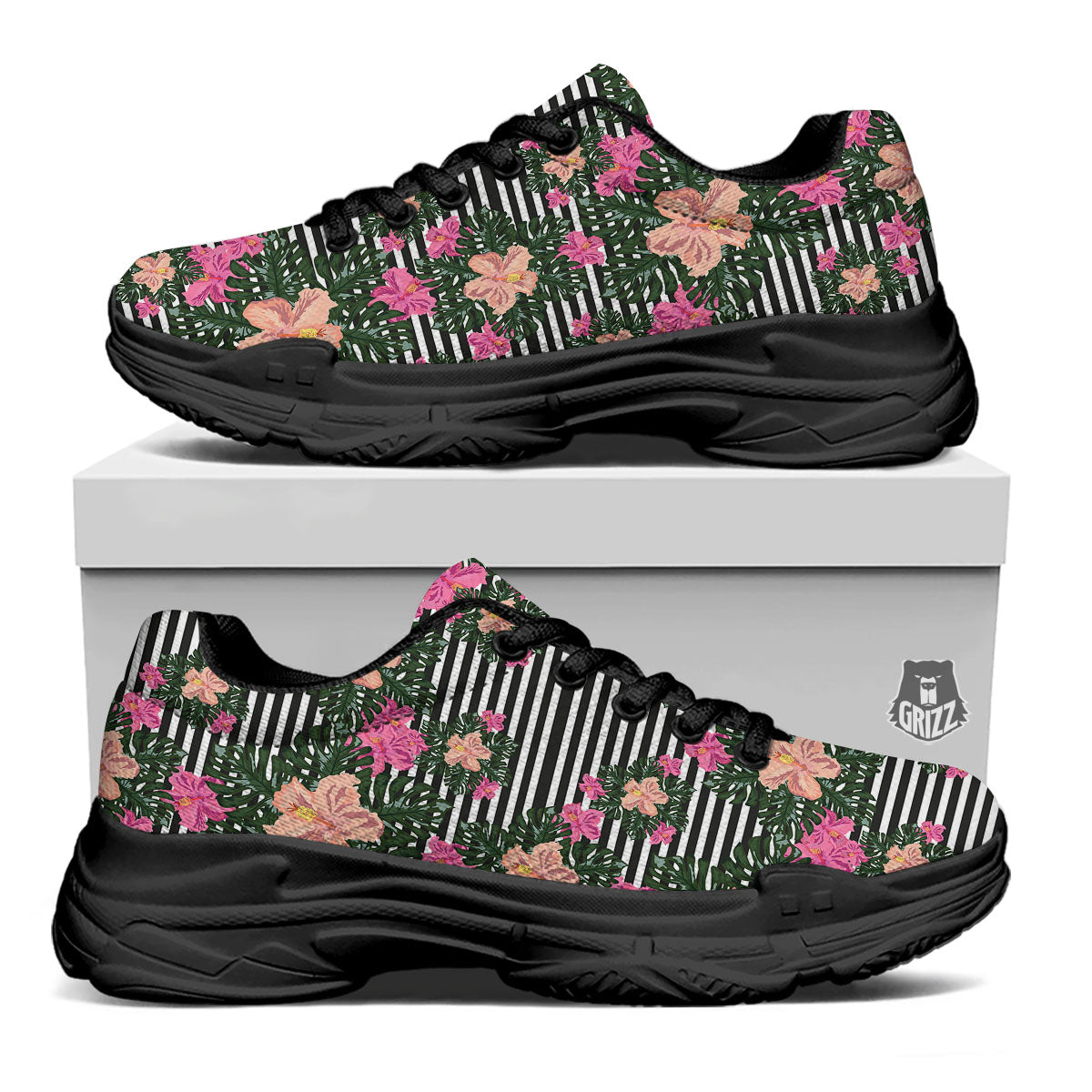 Striped Plumeria Flower Print Pattern Black Chunky Shoes-grizzshop