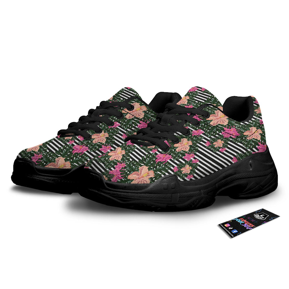 Striped Plumeria Flower Print Pattern Black Chunky Shoes-grizzshop