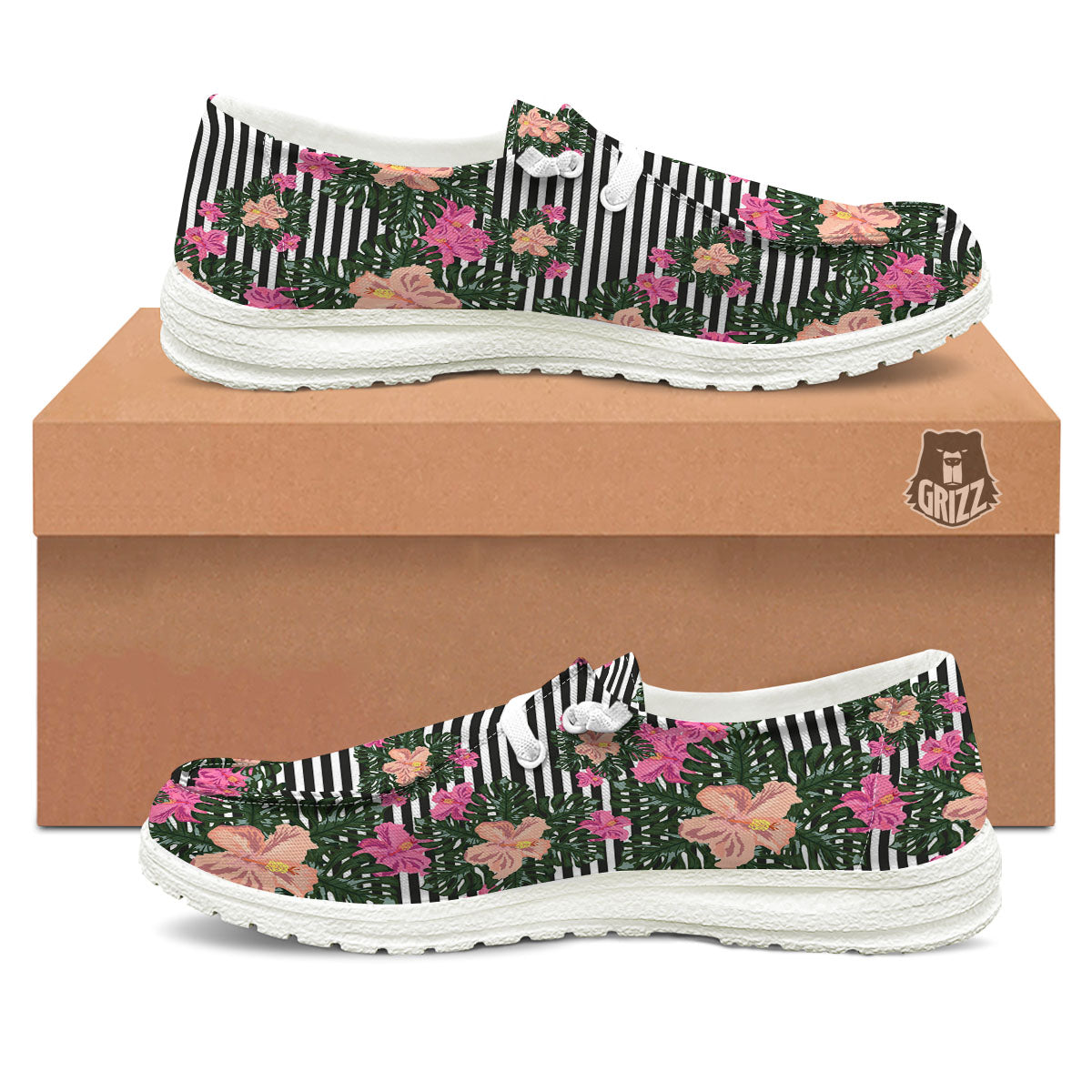 Striped Plumeria Flower Print Pattern Black Loafers-grizzshop