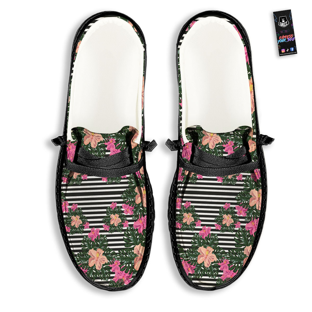 Striped Plumeria Flower Print Pattern Black Loafers-grizzshop