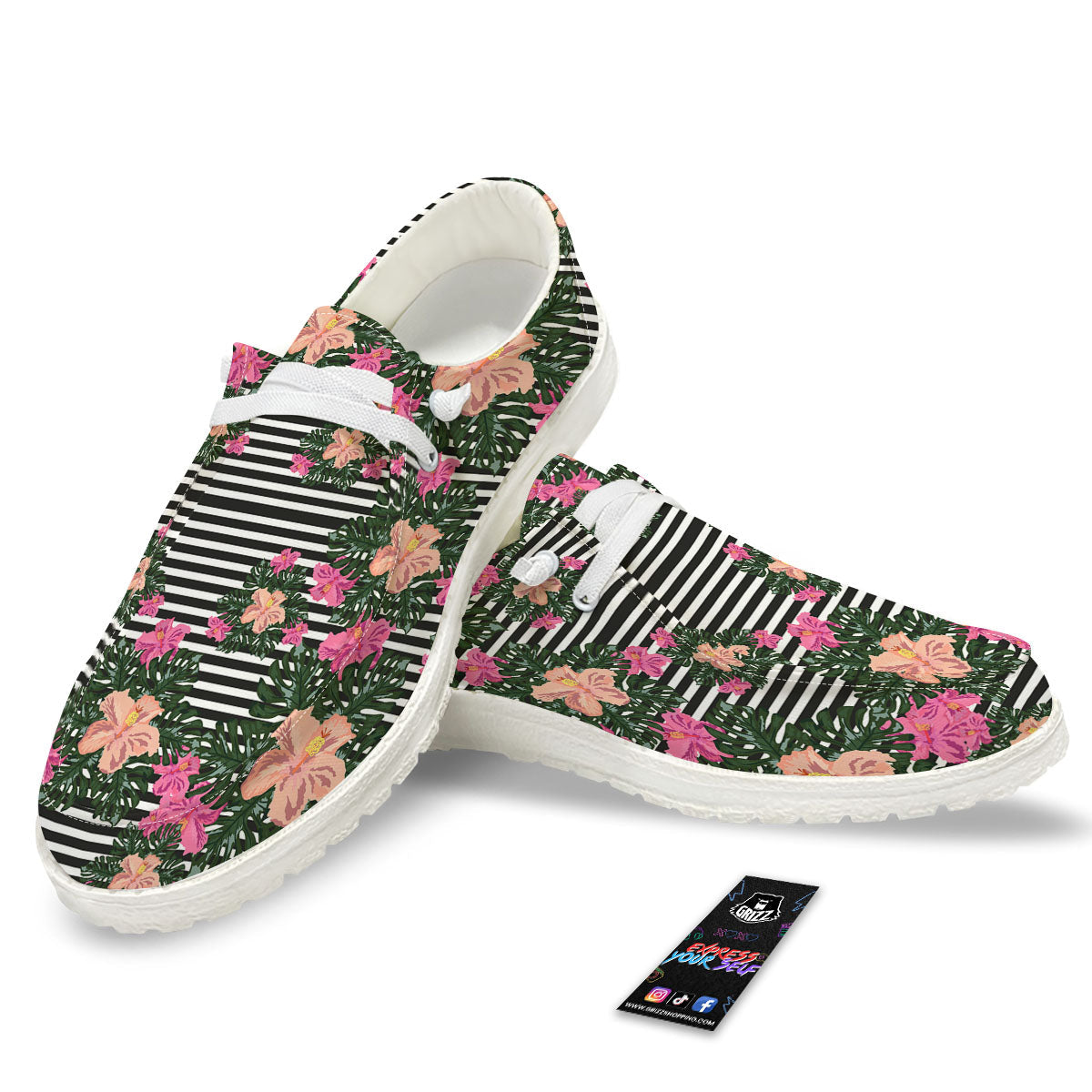 Striped Plumeria Flower Print Pattern Black Loafers-grizzshop