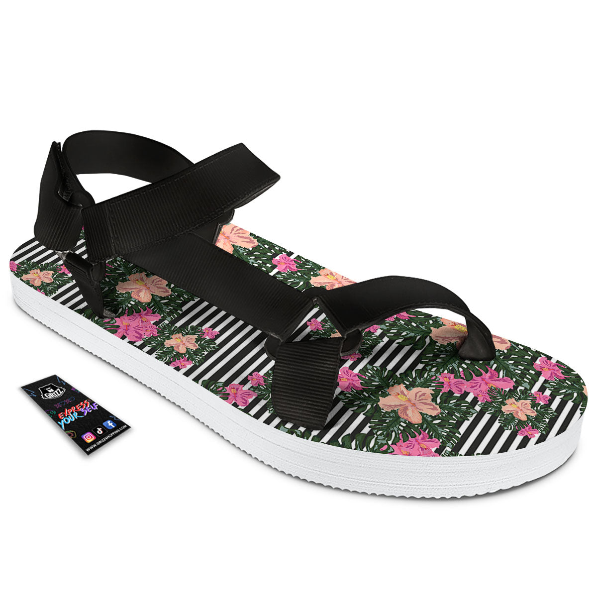 Striped Plumeria Flower Print Pattern Black Open Toe Sandals-grizzshop